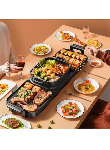 شواية كهربائية متعددة الاستخدامات ووعاء ساخن يتميز بتحكم مزدوج في درجة الحرارة، وطلاء غير لاصق بدون دخان، مثالي لحفلات الشواء وتجمعات الأواني الساخنة.