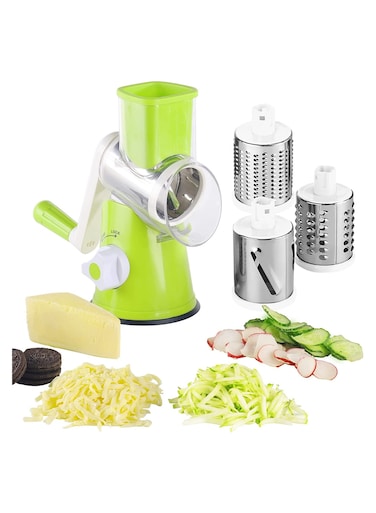 3 in 1Manual Tabletop Drum Cheese Grater, Rotary Shredder Slicer Grinder for Cucumber Nut Potato Carrot Cheese, Vegetable Salad Shooter, Green