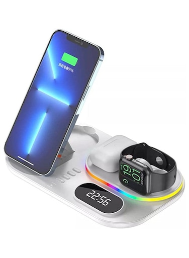 شاحن لاسلكي 4 في 1 مطور ، محطة شحن سريع 15 وات ، متوافق مع سلسلة iPhone / Samsung Galaxy ، قاعدة شحن لساعة Apple iWatch / AirPods Pro مع ساعة وإضاءة LED