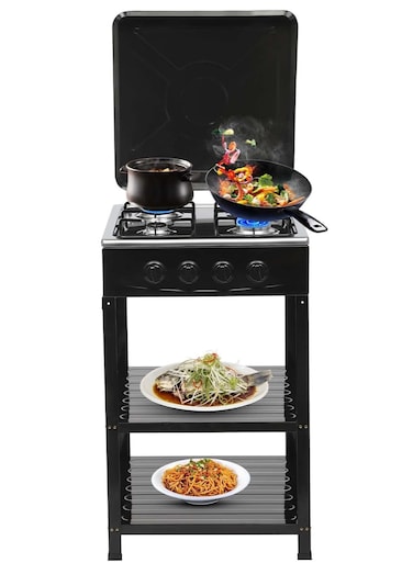 Stainless Steel Outdoor Propane Burner Set with Four Portable Gas Stoves Stabilized PVC Stove Top Two Layer Hob Non Slip Foot Mat Safe Removable Bracket and Compatibility with Most Pots and Pans.