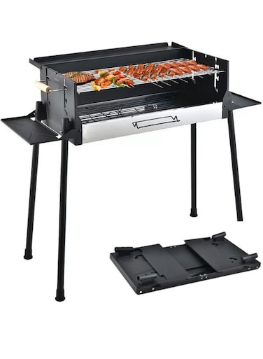 Portable Charcoal Grill Set for Outdoor Cooking &ndash; Stainless Steel BBQ Grill with Large Baking Pan, Perfect for Camping, Picnics &amp; Parties &ndash; Easy-to-Clean &amp; Ideal for Multiplayer Use (Black 1)