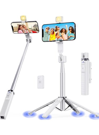 عصا سيلفي ترايبود مع جهاز تحكم عن بعد وعصا سيلفي ترقية الضوء مع ضوء ملء بلوتوث حامل ثلاثي للهاتف عن بعد عصا سيلفي لهواتف iPhone و Android مثالية للبث المباشر لصور السيلفي