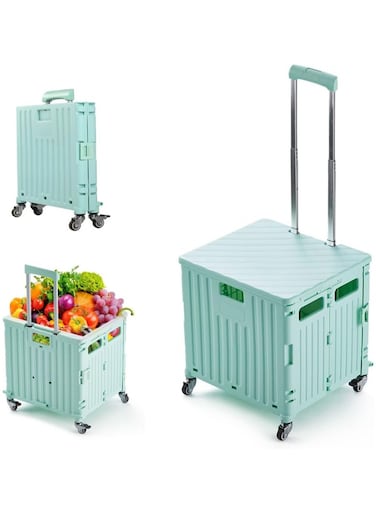 Compact and foldable this plastic trolley combines storage box and shopping cart functionalities offering a convenient