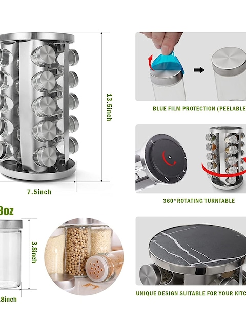 Revolving Spice Rack with 20 Jars Rotating Spice Rack Organizer Seasoning Organizer with Labels Stainless Steel Spice Carousel