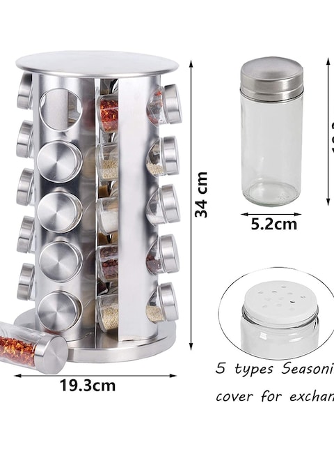 Revolving Spice Rack with 20 Jars Rotating Spice Rack Organizer Seasoning Organizer with Labels Stainless Steel Spice Carousel