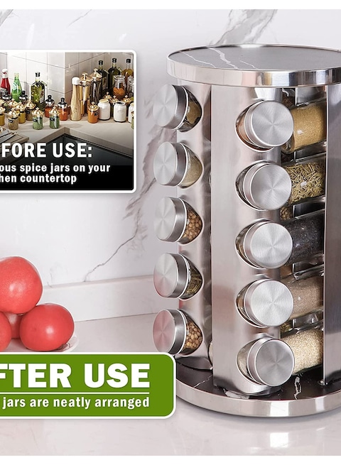 Revolving Spice Rack with 20 Jars Rotating Spice Rack Organizer Seasoning Organizer with Labels Stainless Steel Spice Carousel