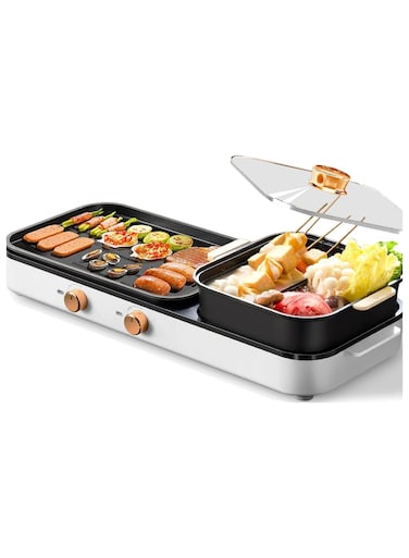 وعاء كهربائي ساخن مع شواية، شواية شابو شابو داخلية 2 في 1 بدون دخان وشواية كورية مع تحكم مزدوج في درجة الحرارة من 2 إلى 10 أشخاص، مقلاة طهي متعددة الوظائف وشواية لحفلات الطهي المنزلية