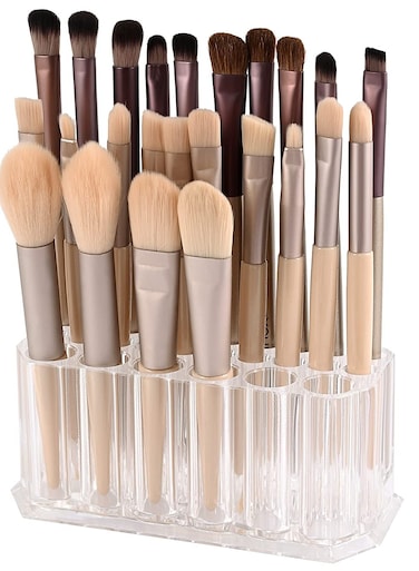 حامل فرش المكياج من الأكريليك الشفاف ومنظم طلاء الأظافر وصندوق عرض لتخزين مستحضرات التجميل والفرش وأدوات المكياج ومستحضرات التجميل الشفافة