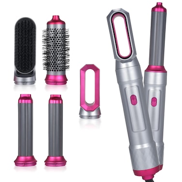 مشط الهواء الساخن 5 في 1 لتصفيف الشعر، فرشاة تجفيف الشعر بشكل أساسي، أداة تجعيد وتمليس الشعر، مجفف شعر مكثف برؤوس قابلة للتبديل