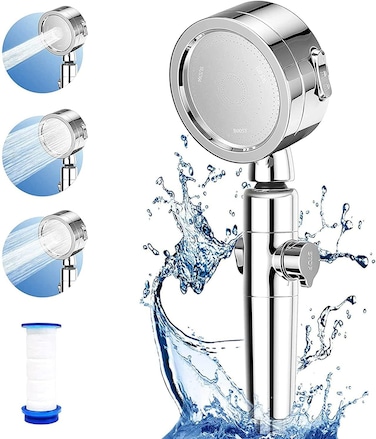 رأس دش عالي الضغط مع مفتاح تشغيل/إيقاف، 3 إعدادات للرش، رأس دش مفلتر، رأس دش قوي لضغط الماء، لمسة نهائية فضية