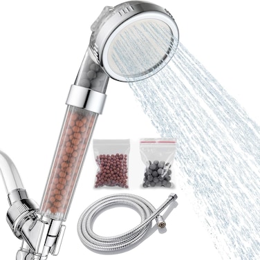 رأس دش محمول بفلتر مع 3 أوضاع للرش، مجموعة رأس دش لتوفير المياه بالضغط العالي مع مرشحات، كروم مصقول، ينقي الماء، خرطوم دش 1.5 مم