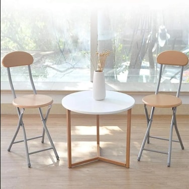 كرسي قابل للطي للمطبخ وغرفة المعيشة – عبوة من قطعتين، كرسي قابل للطي بارتفاع 72 سم مع إطار فضي قوي ومقعد خشبي، تصميم مدمج يوفر المساحة