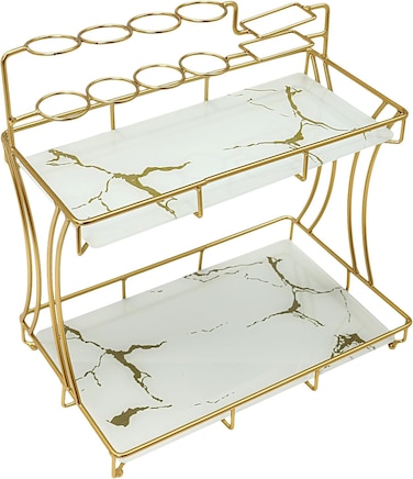 منظم سطح الحمام مع حامل فرشاة الأسنان - رف عرض زجاجي ذهبي مكون من طبقتين، لتخزين مستحضرات العناية بالبشرة والمكياج والعطور للحمام وخزانة الملابس