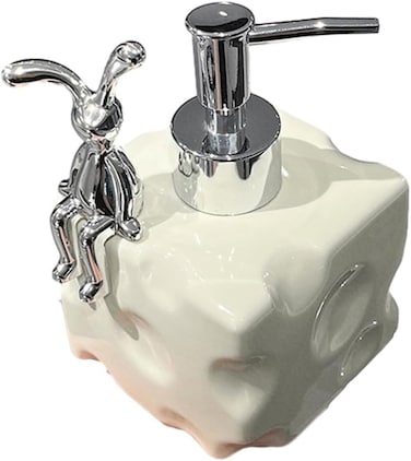 موزع غسول، موزع صابون – زجاجة مضخة فخارية مزخرفة بأرنب – زجاجة صابون يدوية أنيقة للشامبو أو المنظفات أو اللوشن