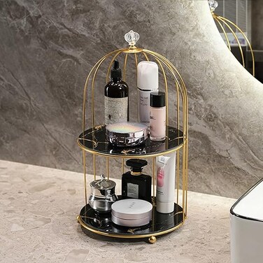 2-Tier Bathroom Makeup Storage Rack Shelf, Marble Countertop Organizer Tray for Cosmetics, Toiletries, Perfume &amp; Jewelry &ndash; Stylish Black Vanity Storage Rack