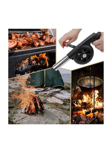 مروحة شواء خارجية بمقبض يدوي - مروحة شواء محمولة لإشعال النار بسهولة، والشواء، والتخييم، والمشي لمسافات طويلة، والنزهات - ملحق موقد مدمج وأداة منفاخ نار