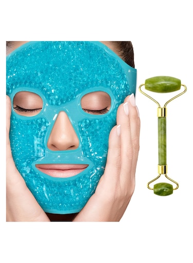 Ice Face Gel Pack and Jade Roller Set - Cooling Face Mask and Stone Roller for Anti-Aging, Wrinkles, Puffy Eyes, Dark Circles, and Skin Care - Face &amp; Neck Massage Tool
