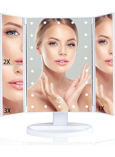 مرآة مكياج مع أضواء، تكبير 1x 2x 3x، مرآة مكياج ثلاثية الطي مضاءة، تحكم باللمس، مصدر طاقة مزدوج، مرآة مكياج محمولة بإضاءة LED