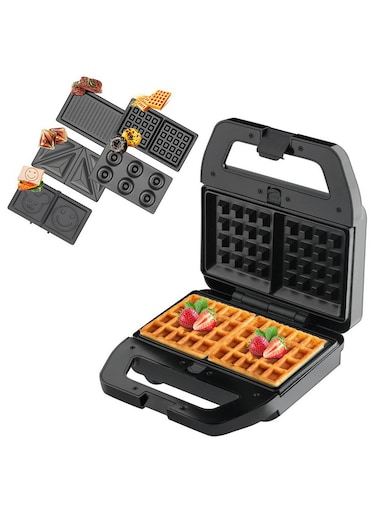 5-in-1 Electric Sandwich Maker with 5 Non-Stick Removable Plates, Waffle, Panini, Grill, Toast, &amp; Donut Press, Double-Sided Heating, Compact Breakfast Maker