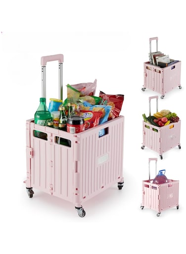 Pink Foldable Shopping Trolley Cart with Lid &ndash; 40kg Heavy-Duty Capacity, Collapsible Grocery Cart with Wheels &amp; Telescopic Handle, Portable Storage Tote for Groceries
