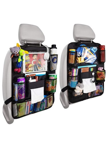 منظم مقعد السيارة الخلفي مكون من قطعتين مع سجادات ركل - 9 جيوب تخزين، واقي مقعد سيارة متين للأطفال والصغار، منظم سفر للألعاب والوجبات الخفيفة والأساسيات
