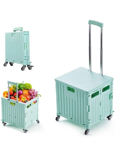 Compact Foldable Plastic Trolley with Storage Box, Multi-Functional Shopping Cart, Space-Saving Design for Groceries, Office Supplies, Travel, and Outdoor Use
