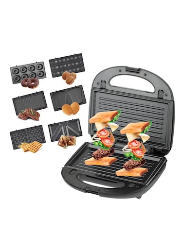 صانعة ساندويتشات كهربائية 6 في 1، مكبس بانيني وصانعة وافل مع 6 ألواح غير لاصقة قابلة للإزالة، طهي على الوجهين، شواية، مقلاة، آلة إفطار