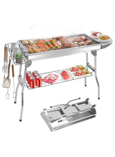 Portable Folding Charcoal BBQ Grill &ndash; Large 39x13.4x27.6 Inch Stainless Steel Outdoor Grill with Storage Shelf   Foldable Kabob Camp Cooker for Camping, Picnics
