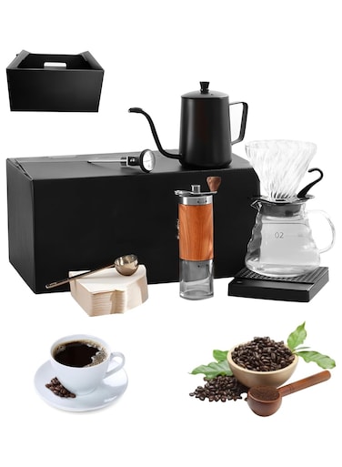 V60 Pour Over Coffee Maker Set &ndash; 8-Piece Professional Drip Kit with Gooseneck Kettle, Coffee Grinder, Scale, Filter, and Thermometer Barista Tools for Travel