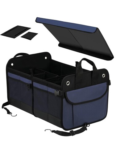 منظم صندوق السيارة، أزرق داكن - تخزين شحن قابل للطي مع مقصورات قابلة للتعديل، وغطاء قابل للطي، وقاعدة مقاومة للماء غير قابلة للانزلاق، وأشرطة للسفر الآمن