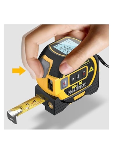 جهاز قياس المسافات بالليزر 3 في 1 مع شريط قياس بطول 5 أمتار وشاشة LCD بإضاءة خلفية - مقياس مسافة رقمي لقياس المساحة والحجم ومعدات البناء والمساحة