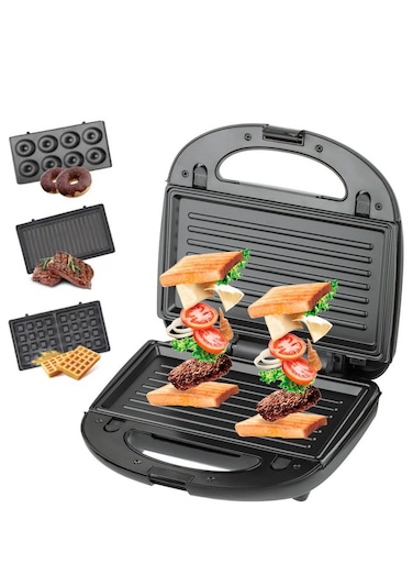 ماكينة صنع الساندويتشات الكهربائية 3 في 1 بقوة 750 وات مع 3 ألواح غير لاصقة قابلة للإزالة وتسخين على الوجهين وصانعة الوافل والساندويتشات والشواية متعددة الوظائف