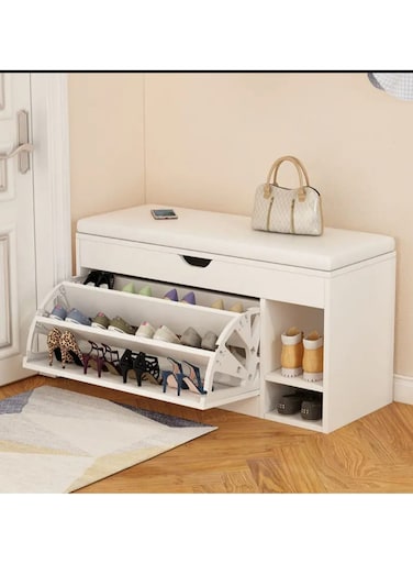 منضدة أحذية أنيقة باللون الأبيض وخزانة تخزين مزودة بأبواب - رف أحذية قابل للإمالة على شكل دلو مثبت على الأرض للممر وغرفة النوم والمدخل - متعدد الاستخدامات