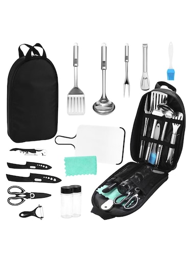 Camping Kitchen Utensil Set 15pcs &ndash; Portable BBQ Cookware Organizer, Compact Stainless Steel Camping Cooking Accessories with Case for Outdoor Campfire, Picnic
