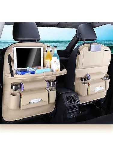 منظم المقعد الخلفي للسيارة مع حامل للكمبيوتر اللوحي، بيج - منظم مقعد السيارة متعدد الوظائف للأطفال والكبار، جيوب تخزين كبيرة، مقاوم للماء، مناسب للسيارات عالميًا