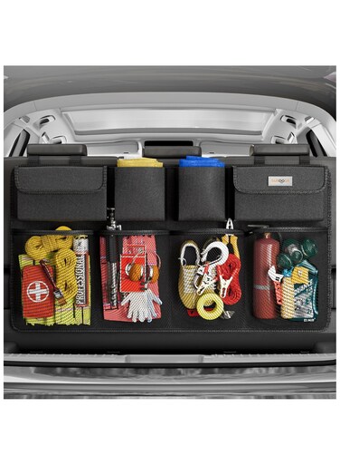 Car Trunk Organizer 3rd Gen &ndash; 7X Upgrade Super Capacity SUV Storage with Sturdy Elastic Net, Lids &amp; Hanging Design for Maximum Space Efficiency
