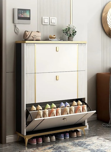 خزانة أحذية مثبتة على الحائط مع 3 أدراج قابلة للطي ومساحة تخزين من مستويين   منظم أحذية للمدخل الضيق وغرفة النوم   تصميم دلو خشبي أبيض