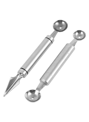 2 ملعقة بالر - سكين نحت الفاكهة من الفولاذ المقاوم للصدأ وملعقة مطبخ مزدوجة الوظائف لتزيين الفاكهة والخضروات والآيس كريم، مثالية للفواكه التي تصنعها بنفسك