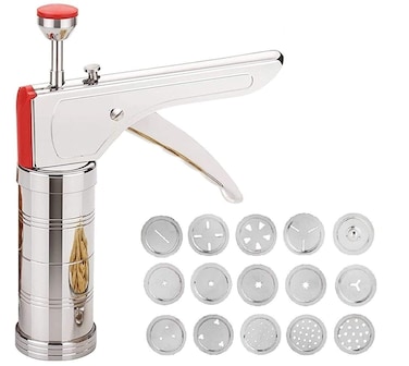 Stainless Steel Kitchen Press  15 Interchangeable Discs for Murukku, Sev, Chakli, Bhujiya, Cookies, and Namkeen  Heavy-Duty Snack Maker for Traditional Indian Recipes