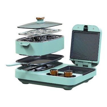 محطة إفطار 4 في 1، صواني سيراميك مزدوجة غير لاصقة، درج محمصة لشريحتين، آلة صنع وجبة صباحية متعددة الوظائف يتم التحكم فيها بواسطة مؤقت للبيض والفطائر والسندويشات