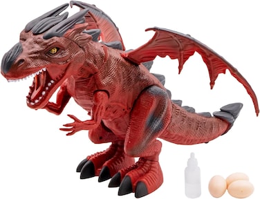 ألعاب الديناصورات ديناصور كبير الحجم يمشي مع شعلة محاكاة، ووضع البيض، وأصوات هدير، وعيون مضيئة، وأجنحة ترفرف، لعبة تفاعلية للأطفال (أحمر)