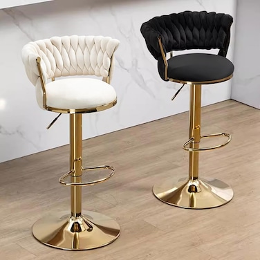 مجموعة من 4 كراسي بار مخملية   كرسي بار قابل للتعديل بارتفاع قابل للدوران مع ظهر منسوج وقاعدة ذهبية   كراسي بار حديثة للمطبخ لجزيرة المطبخ والمقهى والحانة والمنزل