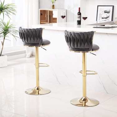Velvet Barstool Set of 2  Woven 360&deg; Swivel Counter Height Bar Stools with Gold Metal Legs  Modern Adjustable Dining Chairs with Back and Footrest for Kitchen, Dining
