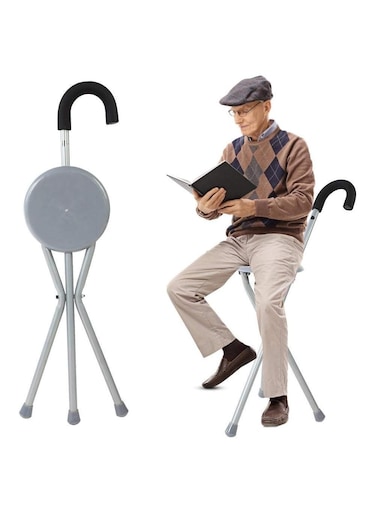 كرسي عصا المشي باللون الرمادي مع مقعد - كرسي عصا قابل للطي وقابل للتعديل للرجال والنساء، كرسي عكاز معدني محمول مع أنبوب حديدي، عصا رحلات خفيفة الوزن