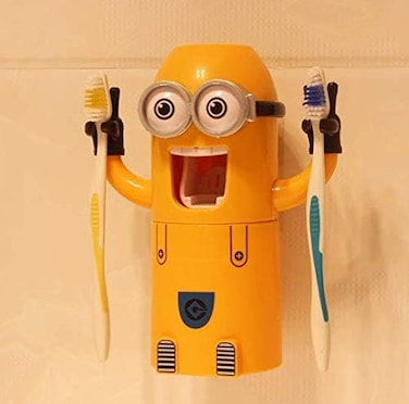Cartoon Little Yellow Man Toothbrush Holder Set with Automatic Toothpaste Dispenser  Fun &amp; Practical Bathroom Organizer for Kids Hands-Free Toothpaste Squeezer