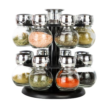 Revolving Spice Rack Organizer Set with 12 Glass Jars Free-Standing Kitchen Storage Solution  Modern Spice Holder for Home &amp; Garden Kitchen Organization