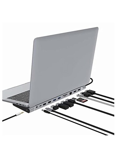 محطة إرساء USB-C 10 في 1 لجهاز MacBook M1 - موزع USB-C مع منافذ HDMI وVGA وUSB 3.0 بدقة 4K وType-C PD وGigabit Ethernet RJ-45 وقارئ بطاقات SD/TF وصوت 3.5 مم