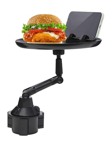 صينية حامل أكواب السيارة مع ذراع دوارة قابلة للتعديل بزاوية 360 درجة، طاولة طعام متعددة الوظائف للسيارة مع فتحة للهاتف، وحامل أكواب، وسطح ثابت للسيارات وسيارات الدفع الرباعي وعربات الجولف