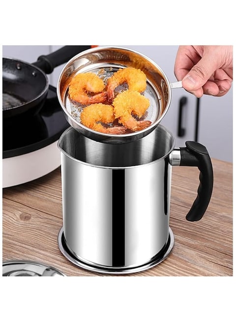 1.8L Bacon Grease Container with Fine Mesh Filter, 304 Stainless Steel Oil Storage Can with Handle, Dust Cover, and Drip Tray for Kitchen Cooking Oil, Edible Oil
