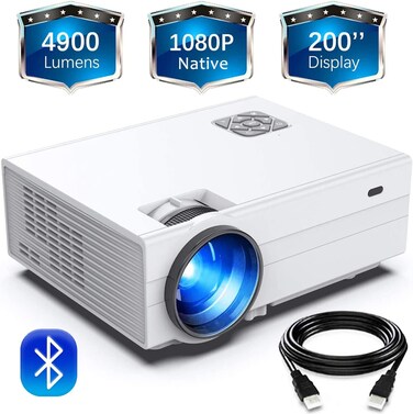 FunLites &nbsp; Bluetooth 1080P Projector,+80% Brightness Video Projector with 200" Display 60,000 Hrs Led Home Theater Projector,Native 1080P Compatible with Fire TV Stick,PS4, HDMI, VGA, AV and USB